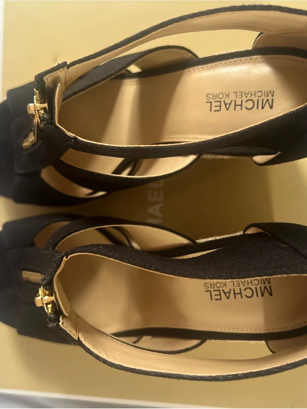 MICHAEL Michael Kors Black Wedge Sandals with Gold Zipper Detail